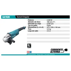 ESMERIL ANGULAR 7" (180MM) 2.200W 8.500RPM 5,5KG GA7020 MAKITA